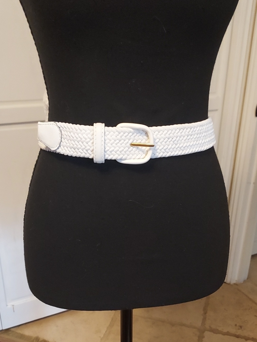 Woven Braided Belt Faux Leather Trim White Stretch Elastic Adjustable Size M